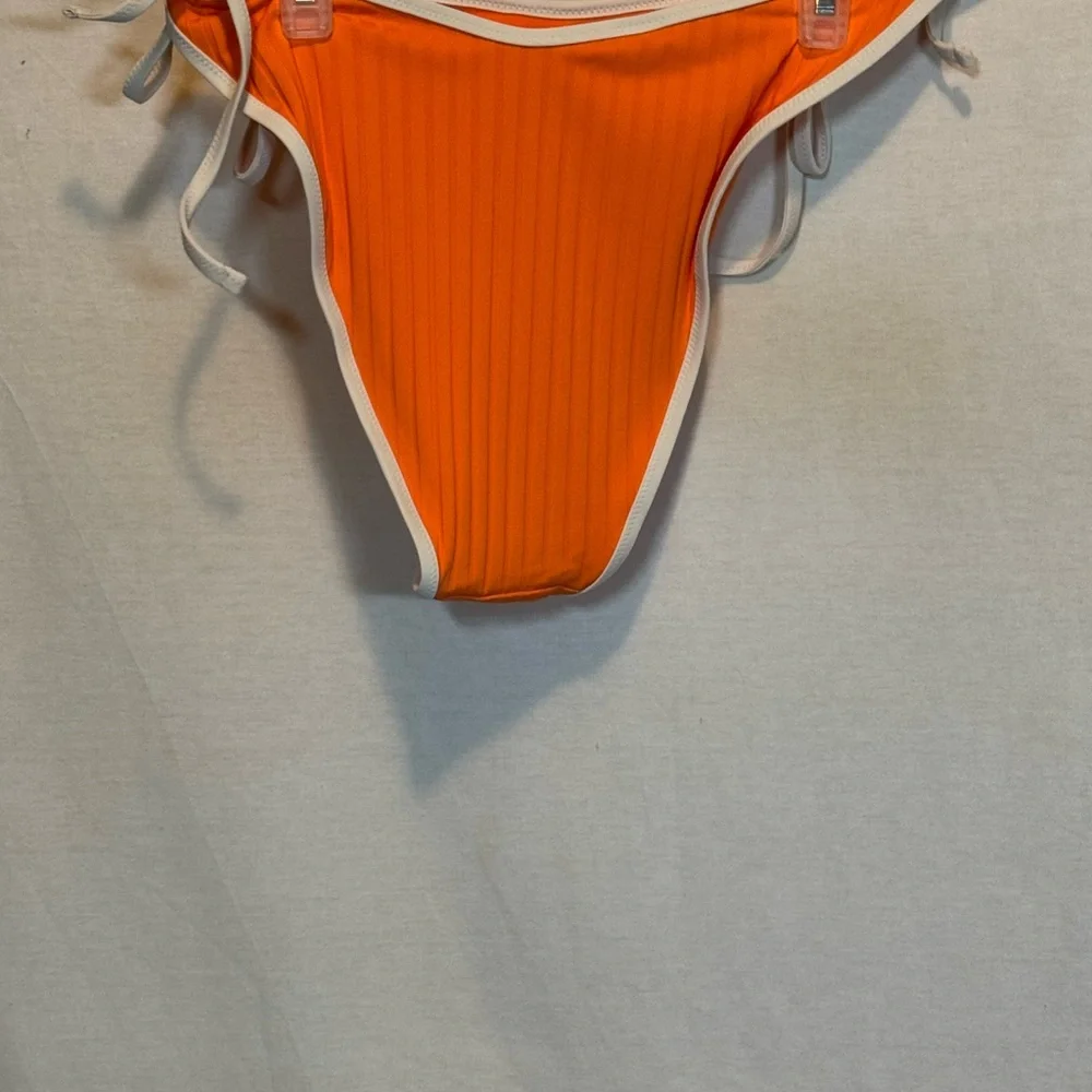 AA-272 Aerie NWT Cheekiest Side Tie Orange &‎ White Ribbed Swim Bikini Bottoms